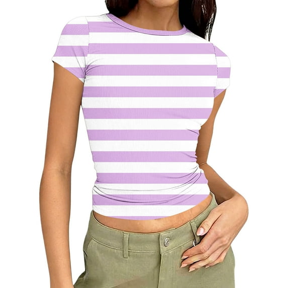 UAMVSH Womens Tops Color Block Short Sleeve Ribbed Knit T-Shirts Casual Slim Fitted Crewneck Cropped Tees Going Out Outfits