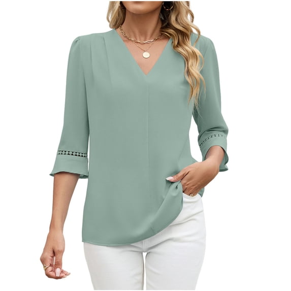 UAMVSH Womens Tops Hollow Out 3/4 Sleeve Blouses Dressy Casual Pleated V Neck Business Work Shirt Trendy Clothes S-XXL