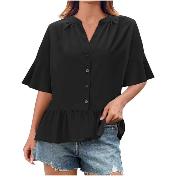 UAMVSH Womens Tops Ruffled Short Sleeve Shirts Casual Loose Button Up V Neck Dressy Blouse Trendy Summer Outfits S-XXL