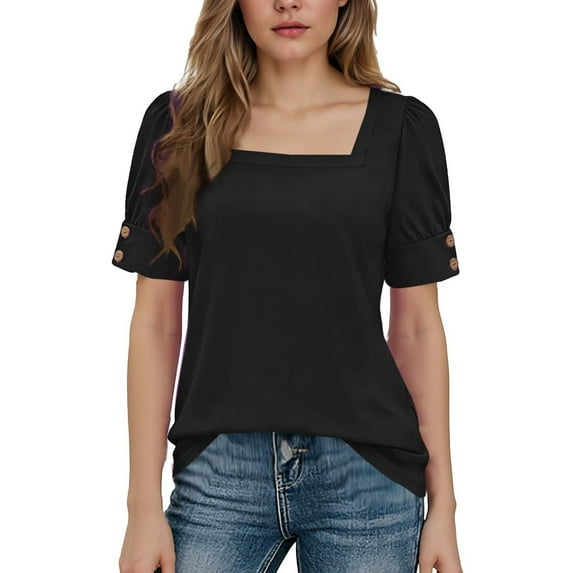 UAMVSH Womens Tops Short Sleeve Shirts Side Button Casual Square Neck Tunic Blouse Spring Summer Outfits Trendy Clothes