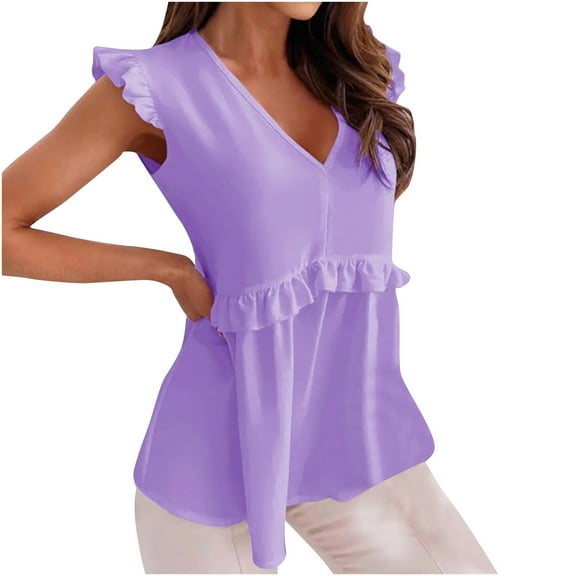 UAMVSH Womens V Neck Babydoll Blouses Summer Casual Ruffle Sleeveless Tops Loose Dressy Elegant Tank Top