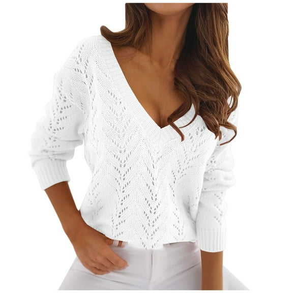 UAMVSH Womens V Neck Pullover Crochet Sweaters Trendy Long Sleeve Hollow out Going out Knitwear Solid Color Fall Casual Sweater Tops(Medium,White)