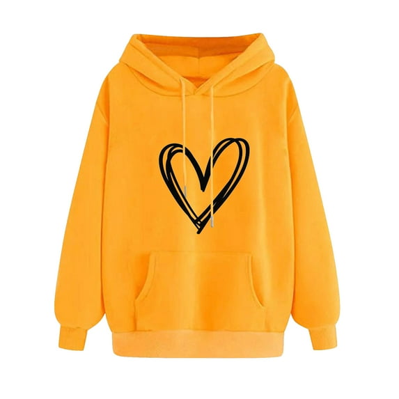 UAMVSH Womens Valentine's Day Hoodie Casual Drawstring Long Sleeve Hooded Sweatshirts Trendy Heart Graphic Pullover with Pockets(X-Large,Yellow 1)