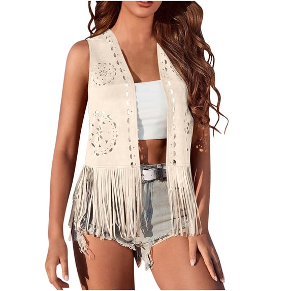 UAMVSH Womens Vest Tassel Open Front Suede Cardigan Lightweight Casual Sleeveless Cropped Jacket Vintage Western Outfits