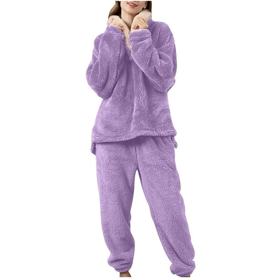 UAMVSH Womens Warm Fleece Pajamas Sets Sherpa Pullover Tops Pants Loose Fit Loungewear Outfits Comfy Plush Sleepwear Winter Clothes(X-LargePurple)