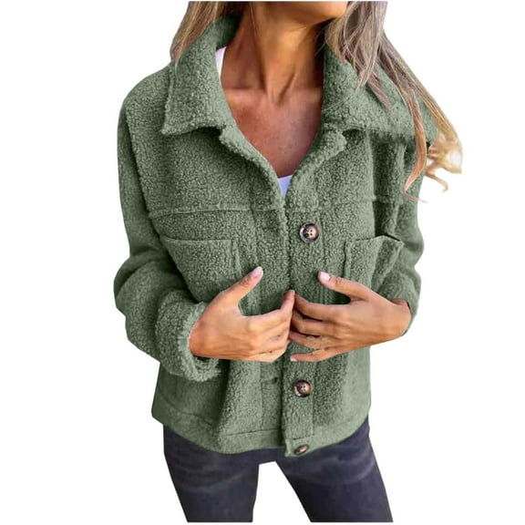 UAMVSH Womens Winter Jacket Comfy Fleece Long Sleeve Warm Coats Soft Fuzzy Lapel Button Down Casual Outwear with Pockets