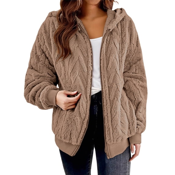 UAMVSH Womens Winter Jacket Fleece Long Sleeve Zip Up Hooded Coat Comfy Soft Textured Warm Outwear Fashion Clothes