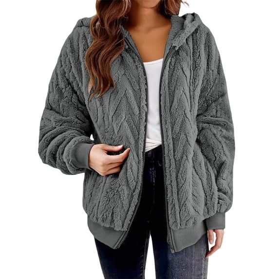 UAMVSH Womens Winter Jacket Fleece Long Sleeve Zip Up Hooded Coat Comfy Soft Textured Warm Outwear Fashion Clothes