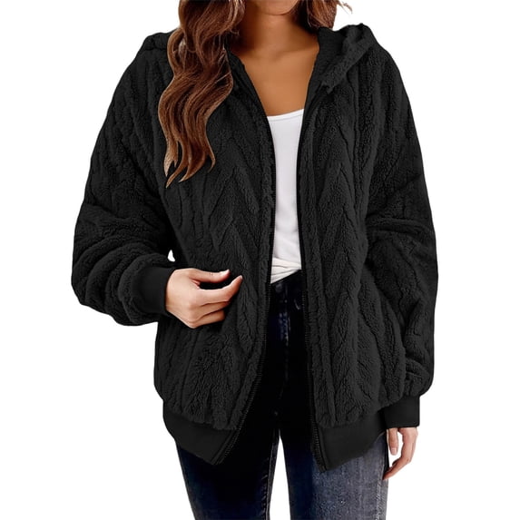 UAMVSH Womens Winter Jacket Fleece Long Sleeve Zip Up Hooded Coat Comfy Soft Textured Warm Outwear Fashion Clothes