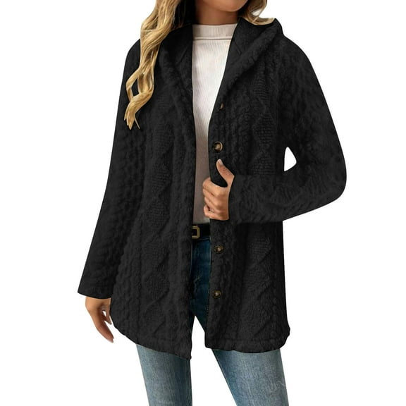 UAMVSH Womens Winter Jacket Single Breasted Fleece Long Sleeve Hooded Coat Cozy Fuzzy Casual Warm Outwear Trendy Outfits