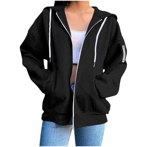 UAMVSH Womens Zip up Hoodie Jackets Fall Fashion Long Sleeve Sweatshirt Tops Solid Color Loose Fit Casual Hoodie Coats with Pocket(Large,Black)