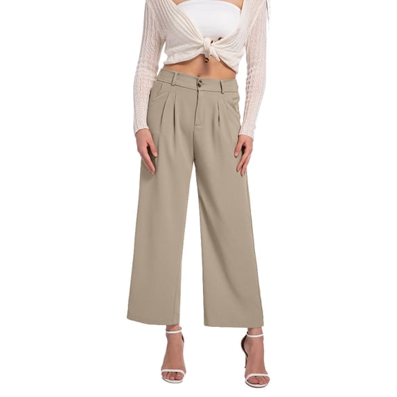 UAMVSH Work Pants for Women Casual Wide Leg Business Vacation Dressy Pants with Pockets Basic Pleated Office Formal Trousers(XX-Large,Beige)