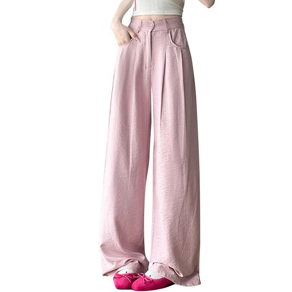 UAMVSH Work Pants for Women Palazzo Pleated Front Trendy Business Lounge Pants with Pockets Baggy Wide Leg High Waist Office Dressy Pants(Small,Pink)