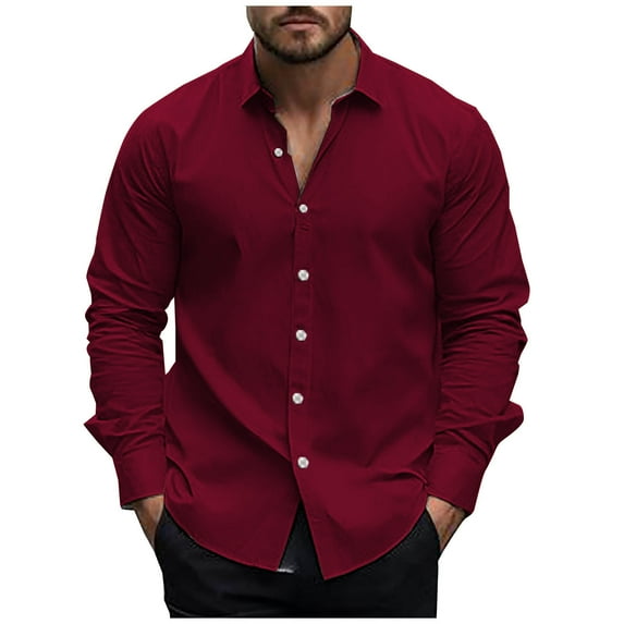 UAMVSH Work Shirts for Men Casual Button down Business Dressy T-Shirts Lightweight Long Sleeve Lapel Collar Office Formal Lounge Tops(Medium,Red 1)
