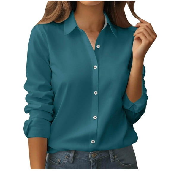 UAMVSH Work Shirts for Women Casual Button down Long Sleeve Dressy Tops Trendy Solid Color Lapel V-Neck Business Office Blouses(X-Large,Mint Green)
