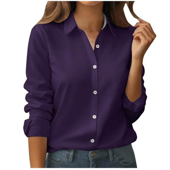 UAMVSH Work Shirts for Women Casual Button down Long Sleeve Dressy Tops Trendy Solid Color Lapel V-Neck Business Office Blouses(X-Large,Purple)