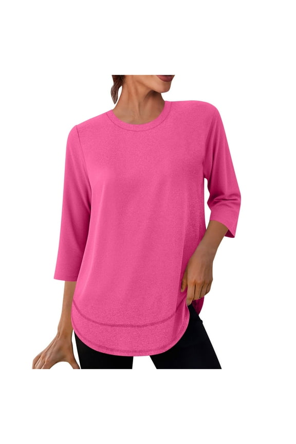 Workout Tops for Women 3/4 Sleeve Crewneck Tees Lightweight Casual Soft Curved Hem Athletic Yoga Shirts for Spring Summer