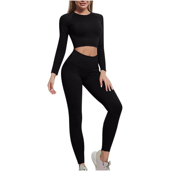 UAMVSH Yoga 2 Piece Outfits for Women Cropped Long Sleeve Layering Tops with High Waist Butt Lifting Leggings Seamless Athletic Sets(Small,Black)