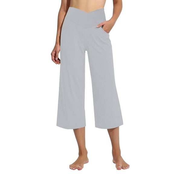 UAMVSH Yoga Capri Leggings for Women Cross Waist Casual Gym Workout Sweatpants Baggy Comfy Wide Leg Cropped Pants with Pockets