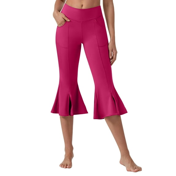 UAMVSH Yoga Capris for Women Front Slit Skinny Stretchy Dance Athletic Cropped Pants with Pockets Soft High Waist Ruffle Bell Bottom Leggings
