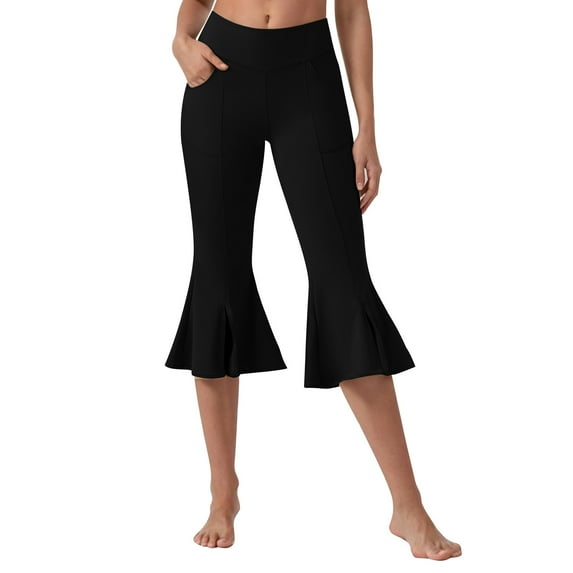 UAMVSH Yoga Capris for Women Front Slit Skinny Stretchy Dance Athletic Cropped Pants with Pockets Soft High Waist Ruffle Bell Bottom Leggings