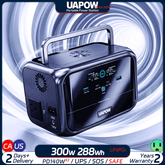 UAPOW 300W Compact Inverter Safe LiFePO4 3kg Lightweight Pure Sine Wave Silent RV Bike Rack Rear Mount Space Optimization 2C2A PD140W LED Light Overload Protection UPS
