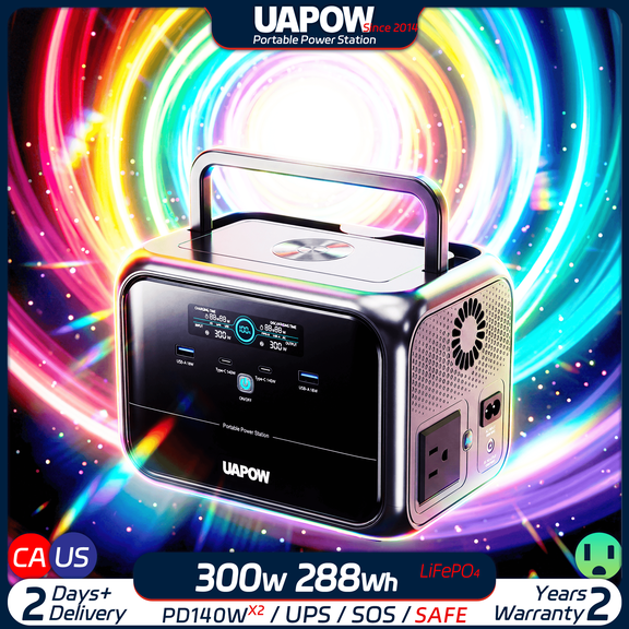 UAPOW 300W Compact Inverter Safe LiFePO4 3kg Lightweight Pure Sine Wave Silent RV Bike Rack Rear Mount Space Optimization 2C2A PD140W LED Light Overload Protection UPS