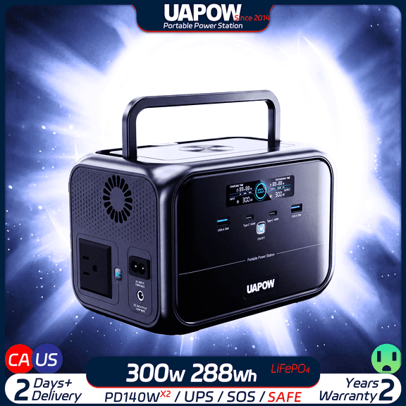 UAPOW 300W Travel Inverter Safe LiFePO4 Lightweight 3kg Pure Sine Wave Silent Road Trip Plug and Play Compact Design Phone Fast Charge 2C2A Multi Port Output LED Light Overheat Protection UPS