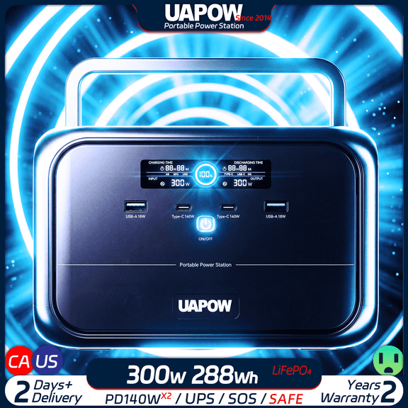 UAPOW 300W Lightweight Inverter Safe LiFePO4 Ultra Light 3kg Pure Sine Wave Silent Fiberglass RV Compact Space Ultra Light Gear 2C2A PD140W LED Light Overheat Protection UPS