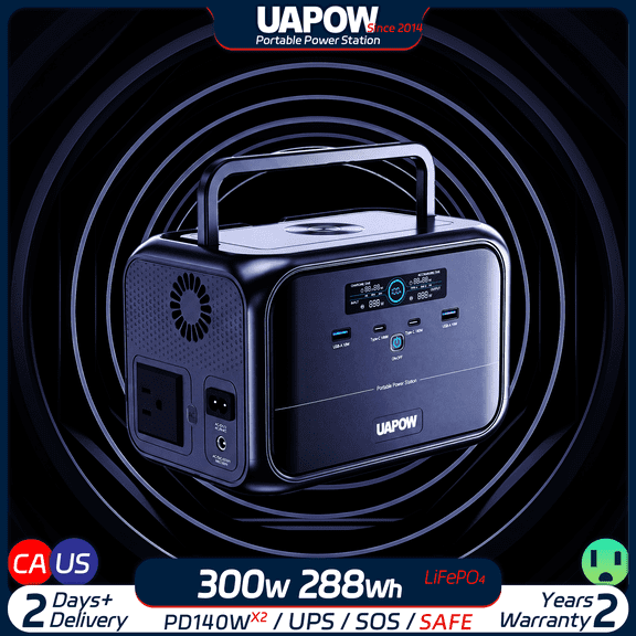 UAPOW 300W Lightweight Inverter Safe LiFePO4 Ultra Light 3kg Pure Sine Wave Silent Fiberglass RV Compact Space Ultra Light Gear 2C2A PD140W LED Light Overheat Protection UPS
