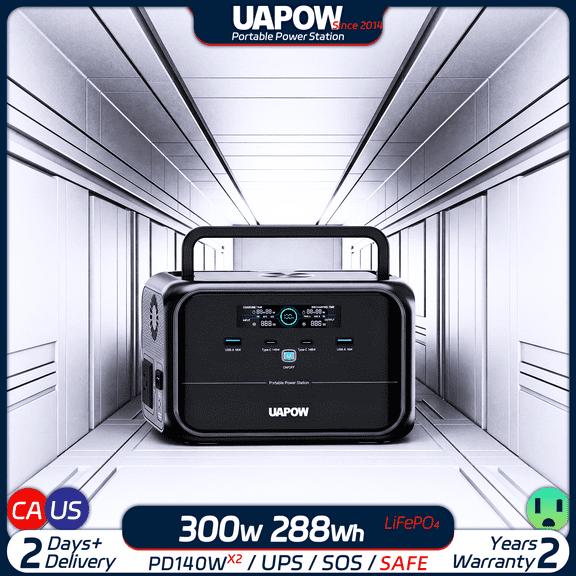 UAPOW 300W Solar Inverter Safe LiFePO4 Lightweight 3kg Pure Sine Wave Silent Solar Panel Ready Energy Independence RV Off Grid 2C2A PD140W LED Light Overload Protection UPS