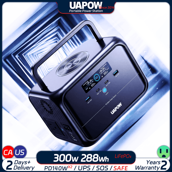 UAPOW 300W Truck Inverter Safe LiFePO4 Lightweight 3kg Pure Sine Wave Silent Job Site Power Drill Supply Power Tools Vehicle Charging 2C2A PD140W LED Light Overload Protection UPS