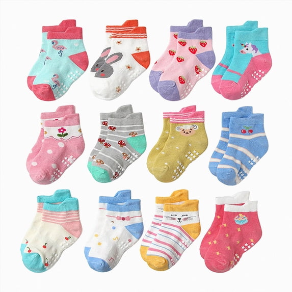 UAYOTSE 12PC Children Socks Comfortable Soft Fashion Cute Cartoon Children Floor Socks(Gray,5-7 Years)