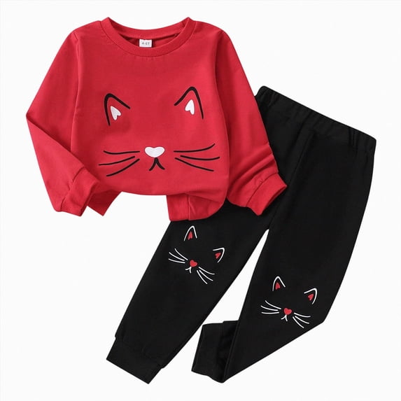 UAYOTSE 2T 3T 4T 4T Toddler Girl Cat Face Print Long Sleeve Sweatshirt + Jogger Pants 2Pcs Set Fall Winter Sporty Casual Outfit Size 3-4 Years