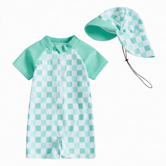 UAYOTSE 70 110 Kids Cap + Short Sleeve Check Stylish and Cute Kids Swimsuit,Sizes 0-3 Months