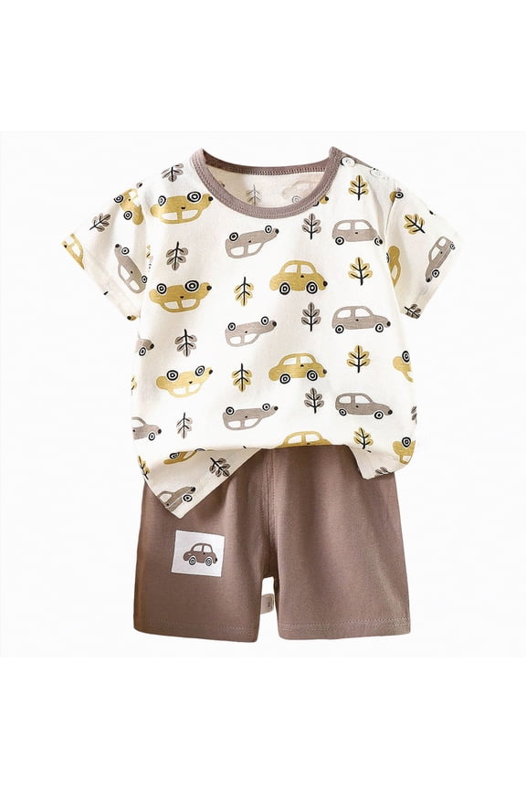 Baby Boy Autumn Summer Clothes Set 0 6 12 18 24 Months Print Short Sleeve Crew Neck T-Shirts and Elastic Waist Pants 2Pcs,Sizes 3-4 Years