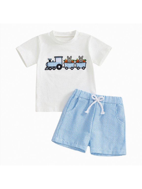 Baby Boy Easter Rabbit Outfit Short Sleeve Carrot Smocked T Shirt Elastic Waist Shorts Summer Clothes,Sizes 12-18 Months
