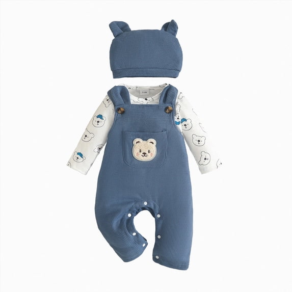UAYOTSE Baby Boys 3 Piece Bear Outfit Printed Bodysuit Bear Overalls Ear Hat Infant Daily Clothing Size 6-12 Months