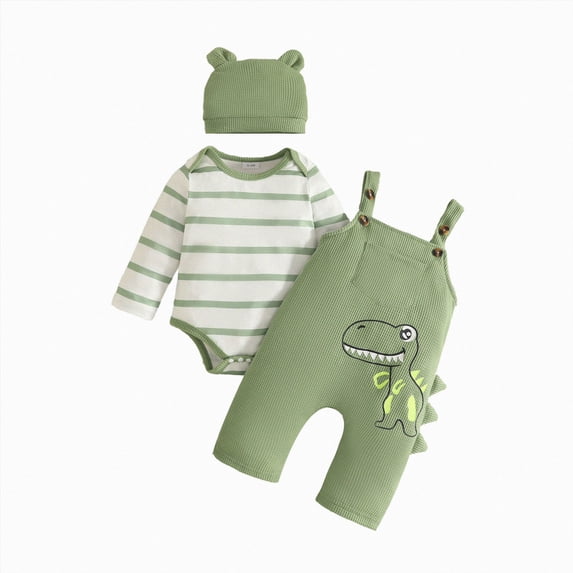 UAYOTSE Baby Boys 3 Piece Cartoon Overalls Outfit Stripe Bodysuit Jumpsuit Ear Hat Infant Fall Winter Clothes Set Size 12-18 Months