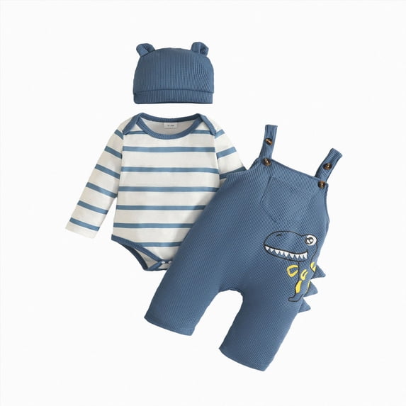 UAYOTSE Baby Boys 3 Piece Cartoon Overalls Outfit Stripe Bodysuit Jumpsuit Ear Hat Infant Fall Winter Clothes Set Size 6-12 Months