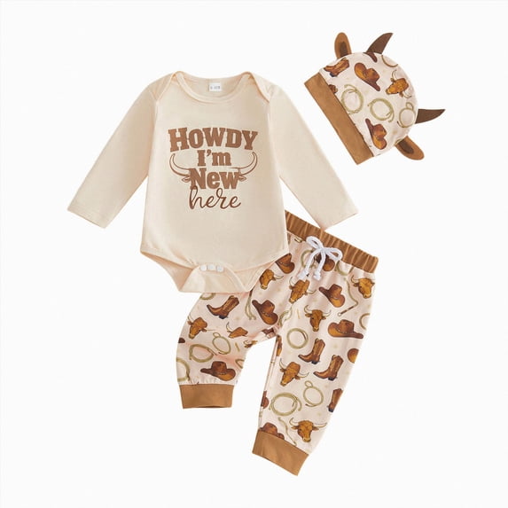 UAYOTSE Baby Boys Farm Theme Clothing Set Long Sleeve Bodysuit Printed Pants Cow Ear Hat Infant Daily Outfit Size 3-6 Months