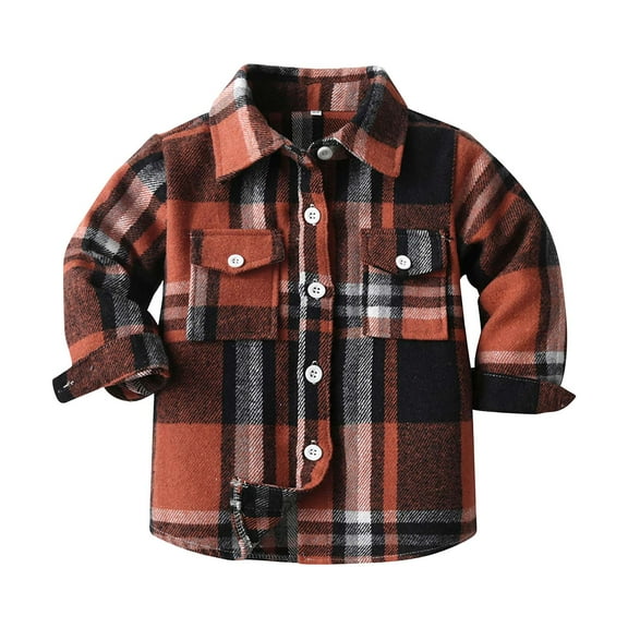 UAYOTSE Toddler Baby Boys Girls Flannel Plaid Shirt Button Down Long Sleeve Outerwear Jacket Lapel Shacket Coat Tops(6-7 Years,T210-Brick Red)