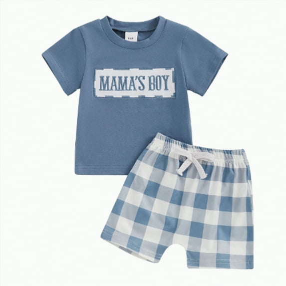 UAYOTSE Baby Boys Summer Clothes Dad/Mom Boy Matching Outfit Short Sleeve Embroidered T Shirt Plaid Toddler Shorts Set,Sizes 0-6 Months