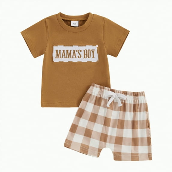 UAYOTSE Baby Boys Summer Clothes Dad/Mom Boy Matching Outfit Short Sleeve Embroidered T Shirt Plaid Toddler Shorts Set,Sizes 12-18 Months