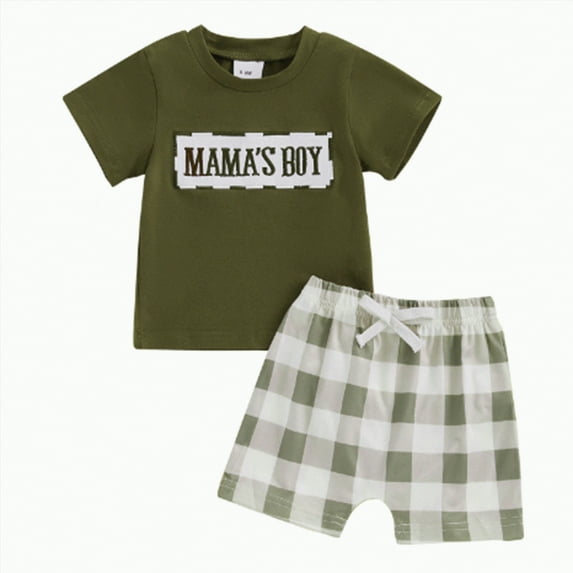 UAYOTSE Baby Boys Summer Clothes Dad/Mom Boy Matching Outfit Short Sleeve Embroidered T Shirt Plaid Toddler Shorts Set,Sizes 18-24 Months