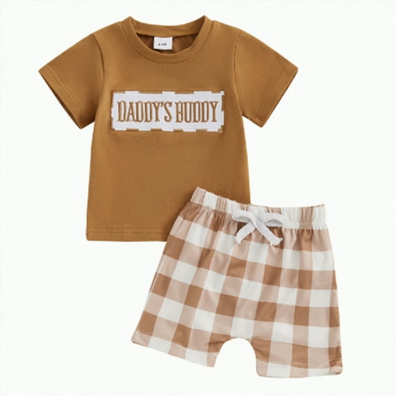 UAYOTSE Baby Boys Summer Clothes Dad/Mom Boy Matching Outfit Short Sleeve Embroidered T Shirt Plaid Toddler Shorts Set,Sizes 6-9 Months
