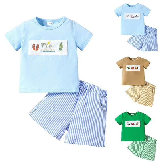 UAYOTSE Baby Girl Boy Summer Clothes Short Sleeve Tops Embroidery Tee Pattern Tshirt+Vintage Plaid Short Pants Set toddler boys clothes under $5.00(18-24 Months,Light Blue)