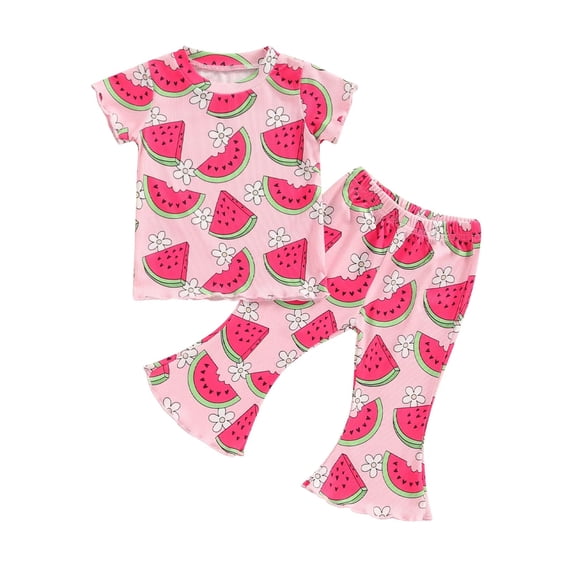 UAYOTSE Baby Girl Comfortable and Breathable Set Cute Cartoon Printed Short Sleeve Pants Two Piece Set,Sizes 3-4 Years