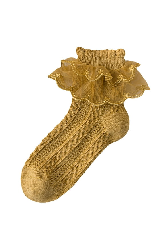 Baby Girls Lace Tutu Socks Toddler Eyelet Turn Ruffle Ankle Socks Double Lace Dress Socks for ,7-9 Years Yellow