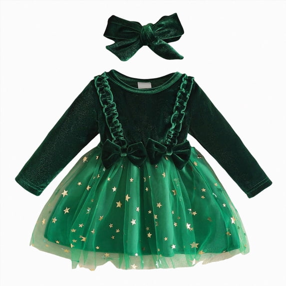 UAYOTSE Baby Girls Long Sleeve Velvet Tulle Dress 3 6 12 18 Months Star Glitter Mesh Skirt Bow Decor Festive Holiday Party Dress